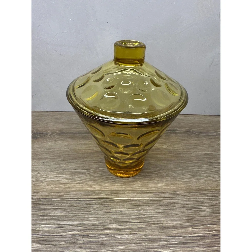 Vintage 1960s Hazel Atlas Eldorado Amber Glass Covered Candy Dish, Coin Dot Text